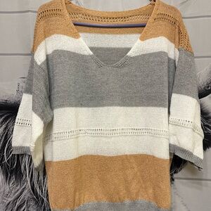 Striped V-Neck Sweater - Gray, White, Tan